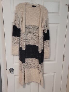 Keniston Open-Front Long Cream and Black Striped Cozy Cardigan